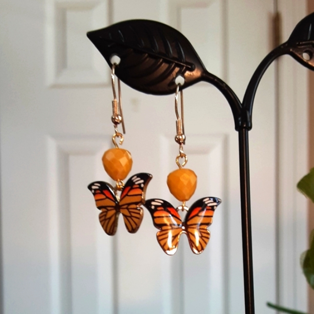 Handmade Butterfly Earrings Yellow Black  1.5" Long